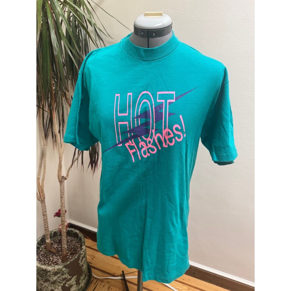 Vintage 90s Hanes Beefy-T “Hot Flashes!” Single Stitch Graphic Tee - Teal